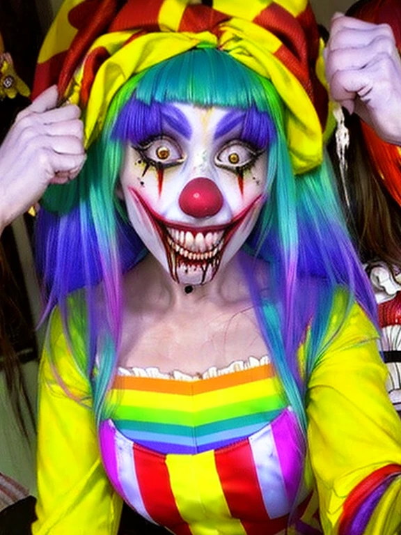 Gruesome and spooky details、An atmosphere full of suspense and tension、Psychological horror、Cute Smile、Clowns and circus atmosphere、A terrifying moment、Psychedelic dream scenario、Alice in Wonderland、Enthusiastic atmosphere、Mischievous Smile、Expressive gestures、Comical movement、Rainbow Hair、Leopard print underwear,sexy,Jumpsuit,
