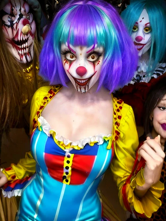 Gruesome and spooky details、An atmosphere full of suspense and tension、Psychological horror、Cute Smile、Clowns and circus atmosphere、A terrifying moment、Psychedelic dream scenario、Alice in Wonderland、Enthusiastic atmosphere、Mischievous Smile、Expressive gestures、Comical movement、Rainbow Hair、Leopard print underwear,sexy,Jumpsuit,
