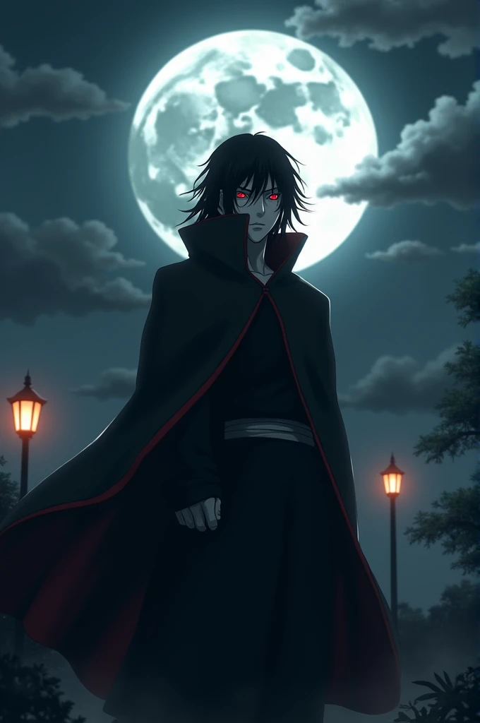 Itachi Uchiha illuminated by the moon on a lamp post, Resolution 16:9