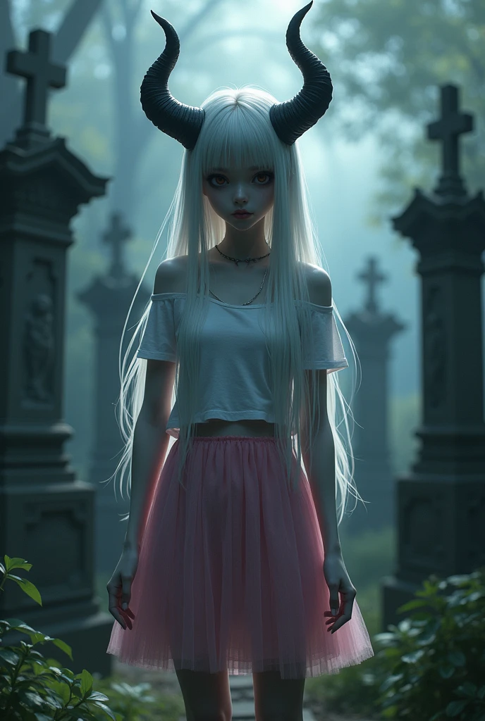 cemetery , a demon girl with very pale white skin with black horns, (pitch black eyes:1),( wearing off-shoulder t-shirt, Pink tulle skirt:1.3) , ( black gradient arms and legs:1.2) ,long white hair , well lit , very skinny,