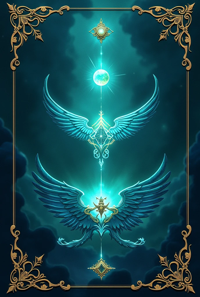 A fantasy background for a book cover in a blue-green color with symbols of power manipulation, with the edge having a gold-colored line at each corner 