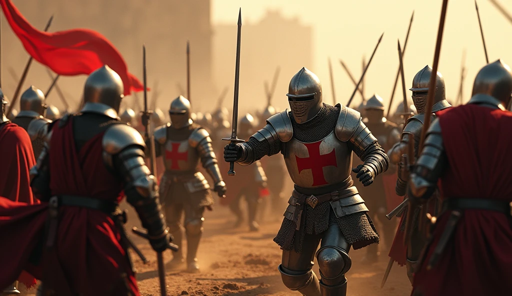 A highly realistic, high-contrast, 8K HD, detailed, hyper-detailed image of Crusader knights engaged in intense combat against an enemy army of knights who are not part of the Crusaders. The Crusaders, wearing steel armor with red crosses on their tunics, are locked in fierce battle with the enemy force, who are clad in full armor without any emblems. The battlefield is a chaotic scene of clashing swords and shields, with both sides fighting with unyielding determination. The atmosphere is charged with tension and the raw power of medieval warfare, as the Crusaders and their adversaries struggle for dominance. The image is of the highest quality, with ultra-high resolution, RAW photo quality, and Unreal Engine rendering, capturing the brutal and epic nature of the conflict between these two formidable armies.
