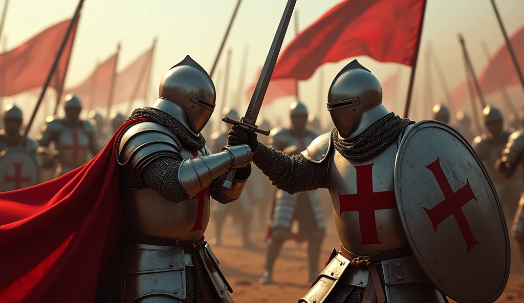 A highly realistic, high-contrast, 8K HD, detailed, hyper-detailed image of Crusader knights engaged in intense combat against an enemy army of knights who are not part of the Crusaders. The Crusaders, wearing steel armor with red crosses on their tunics, are locked in fierce battle with the enemy force, who are clad in full armor without any emblems. The battlefield is a chaotic scene of clashing swords and shields, with both sides fighting with unyielding determination. The atmosphere is charged with tension and the raw power of medieval warfare, as the Crusaders and their adversaries struggle for dominance. The image is of the highest quality, with ultra-high resolution, RAW photo quality, and Unreal Engine rendering, capturing the brutal and epic nature of the conflict between these two formidable armies.

