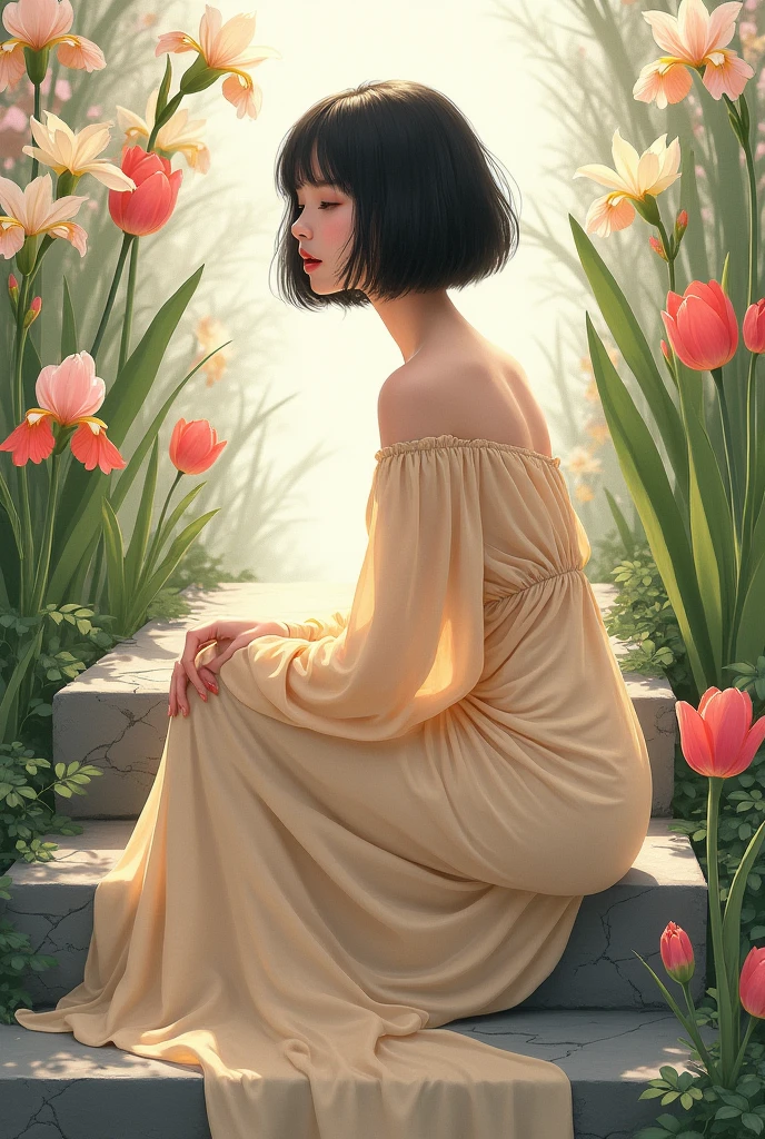 Illustration style,Depicting a woman with thick, short black hair,Wearing a flowing beige chiffon dress,Sitting on the stone steps,Irises bloom all around,lily,tulip。The texture is fine,Complex details,Soft lighting,Like a work of art。