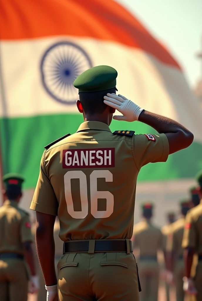  indian army academy parade person Jersey number big size "GANESH06"celebrating independence day. . saluting 4d 
original near  size uhd colourflag . back side view 