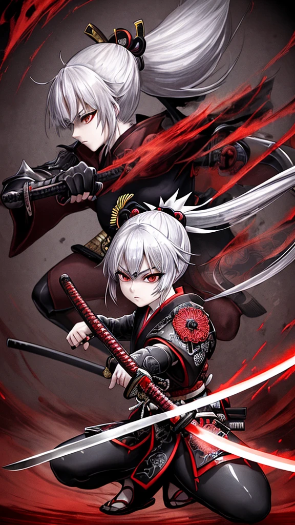 masterpiece,best quality,ultra detailed,full body, samurai girl,ponytail, silver hair,red kimono, katana, Inky black mist effects,Inky black darkness effects, dynamic pose