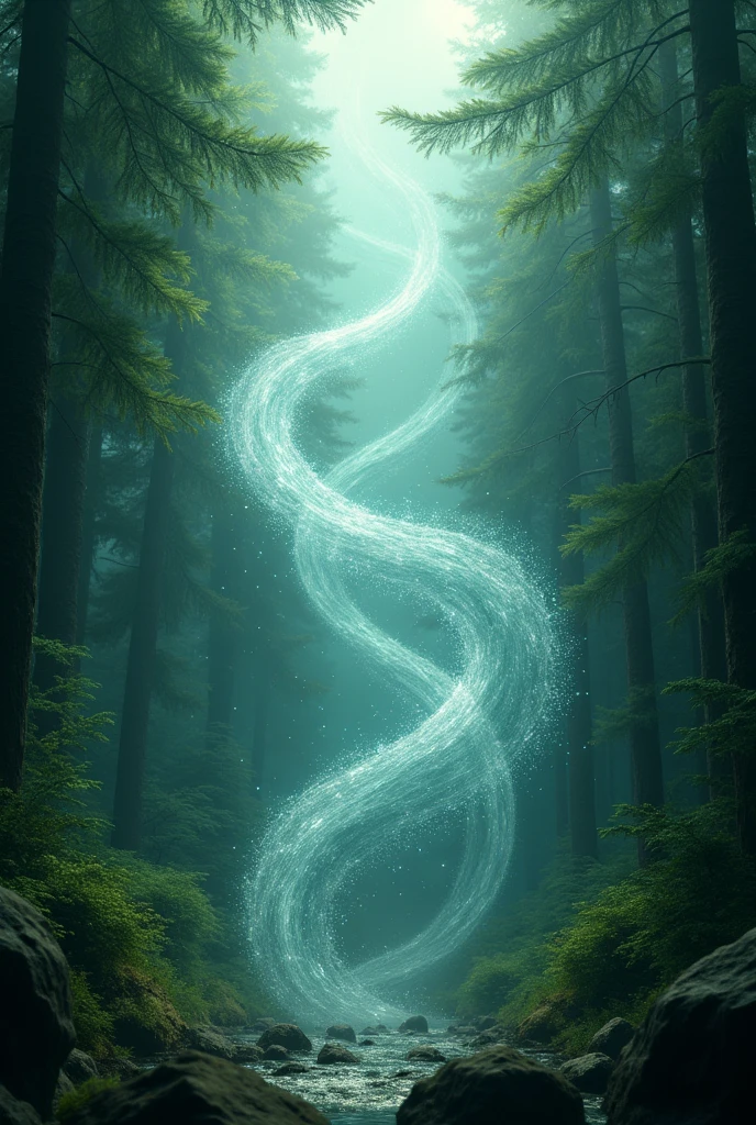 Amidst the backdrop of a coniferous forest, shards fly through narrow intertwining streams of wind.