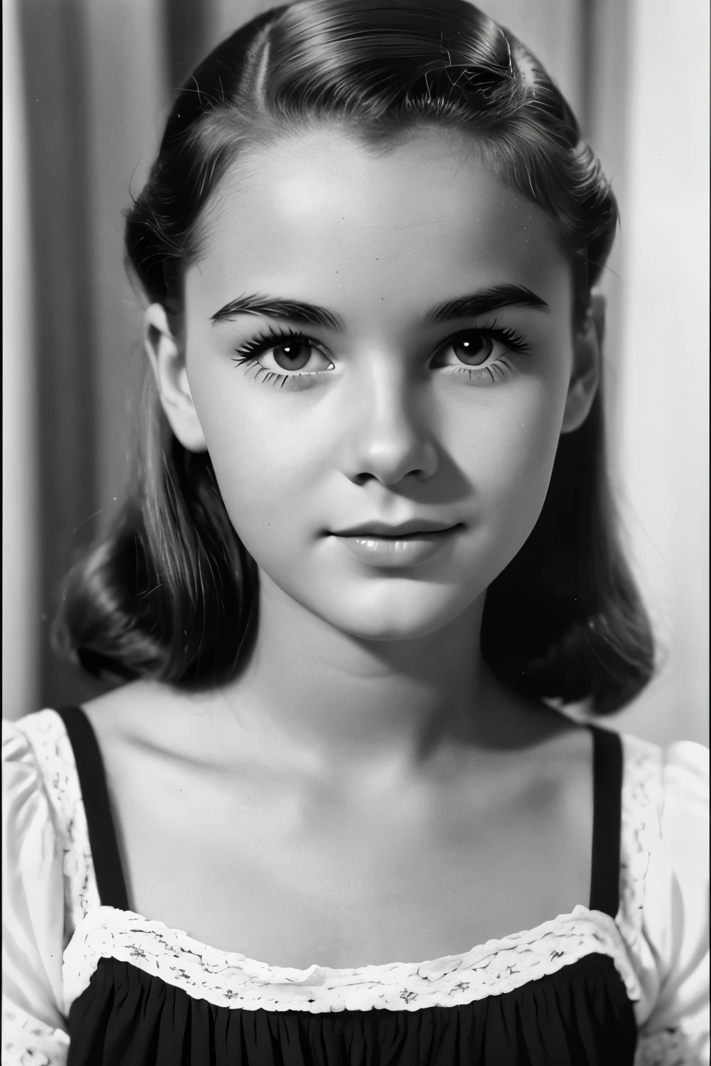 1950s 17 year old American girl face. Black-white. Beautiful girl.