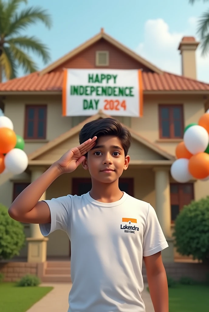 A real 2
17 year old boy , wearing a white "Lokendra" T-shirt stands in front of a house decorated with Indian flags and tricolor balloons, saluting for an upcoming Independence Day celebration. The house has a large banner that reads "HAPPY INDEPENDENCE DAY 2024 and make sure text should be correct.