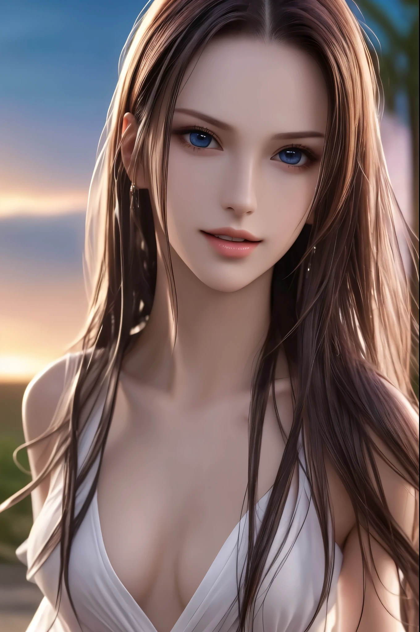 Fashion model, 25 years old [[[[close]]], [[[[chest]]]], [[[[head]]], [shoulder]]]]], Perfect Eyes, Perfect Iris, Perfect Lips, Perfect Teeth, Perfect Skin, Soft Front Light, Shine, High resolution, (Soft colors: 1.2), Highest quality, masterpiece, 超High resolution, (photoRealistic:1.37), RAW Photos, One person, Long Hair, Beautiful Eyes,  Beautiful Face, 詳細な目and顔, T-Shirts, Dynamic Lighting, In the Dark, Tabletop, Highest quality, Realistic, Very detailed, finely, High resolution, 8k wallpaper, One beautiful woman, Light brown messy hair, He is wearing an open-headed shirt., Sharp focus, perfect dynamic andposition, Beautiful and detailed, Thin Hair, Detailed Realistic skin texture, smile, close portrait, model Body Type, mile, close portrait, model Body Type, Body Type,chestの谷間, Tropical Beach, Long and slender legs Translated with DeepL.and (Free version)
