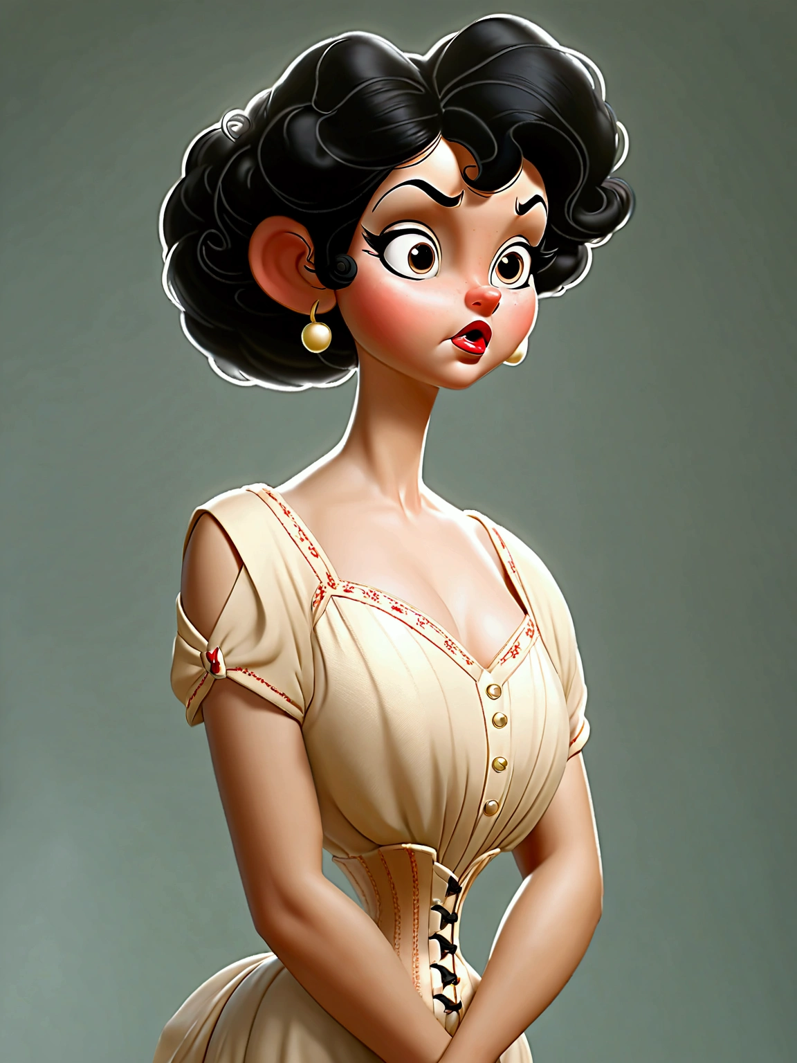 (masterpiece), (realistic), (((NSFW))). (ultra hd 8k), (realistic body proportions). Betty Boop as a **** teenage Gibson Girl wearing her Edwardian lingerie. Year 1906. Strapless bullet brassiere, S-bend corset, high-waisted crotchless bloomers, silk stockings with garters at the tops, high-button boots. Long brunette updo. Large tits, 9-inch wasp waist, bubble butt. (((Bare arms. Full body)))