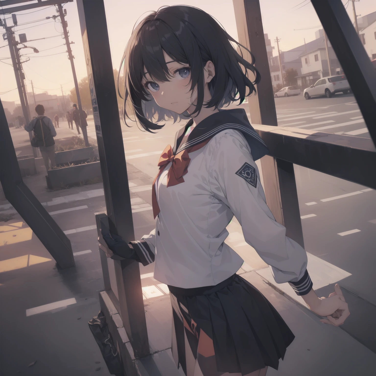 ultra-absurdres-Top quality by artist God, ultra-detailed, high resolution, anime moe artstyle, best anime 8k konachan wallpaper, pixiv contest winner, pool:2810, perfect anatomy,break, 1girl, (Please draw a girl walking sleepily to school alone. )break,(Solo,little female, 13-year-old:1.3),Full limbs, complete fingers,a junior high school student, (very short hair), short cut, flat chest, , small butt, small black eyes, beautiful detailed eyes, well-proportioned iris and pupils, expressive eyes, highres detailed hair, soft expression, salor school_uniform, sailor collar, serahuku, bow, pleated skirt,(Detailed Lighting), (Detailed background), in the School commute route. break,super detailed skin, Best cinematic lighting powered by famous artist, 8k,beauty illustration,photoshop_(medium),very aesthetic,break,((artist:creayus )), artist:clamp ,artist:carnelian ,artist:kantoku ,