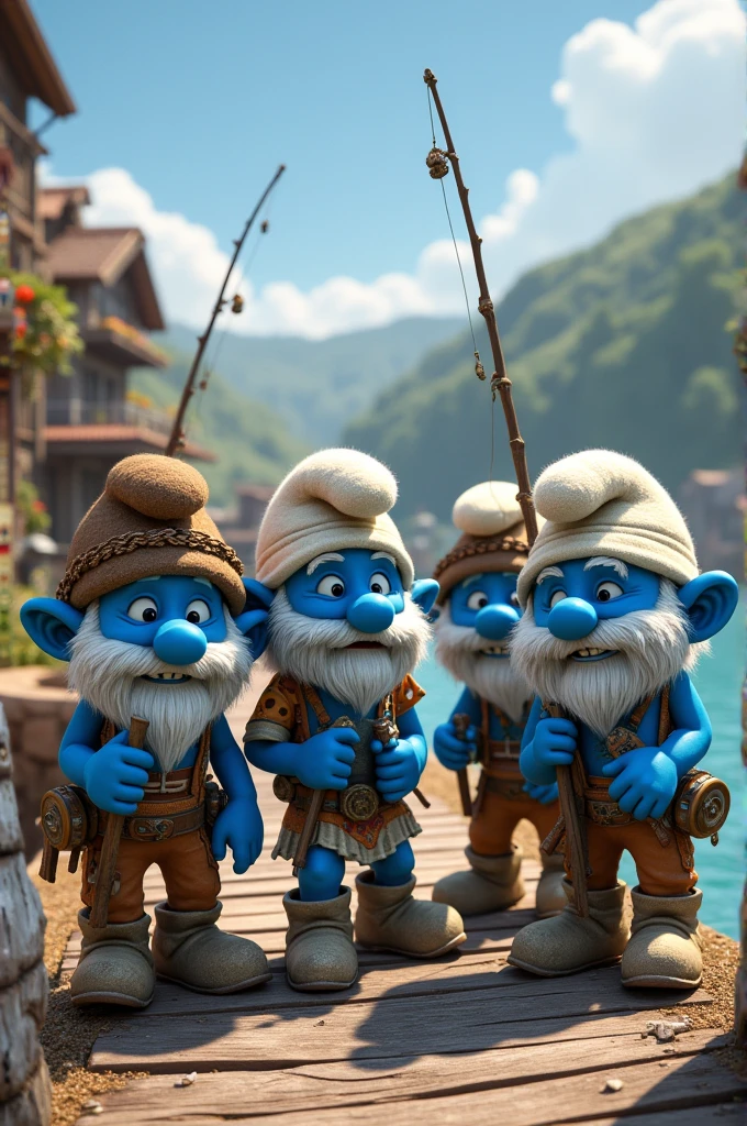 a group of smurfs with papa smurf and grandpa smurf dressed like flamboyantly characters from the video game rust with handmade fishing rods fishing at the wooden pier of the small fishing village 