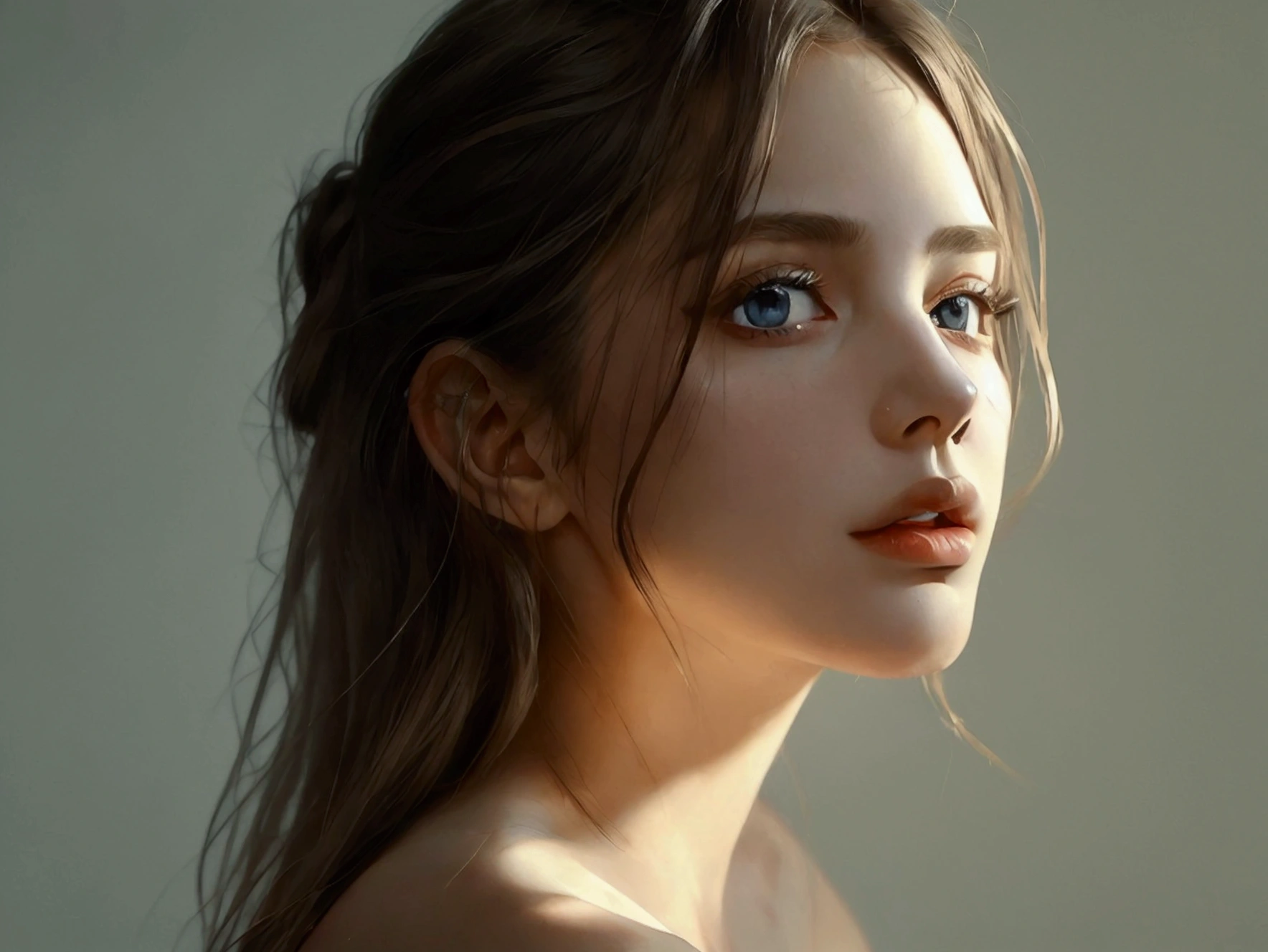 a beautiful naked woman standing topless, detailed facial features, extremely detailed eyes, detailed lips, long eyelashes, delicate skin, slender figure, detailed breasts, detailed vagina, full nude body, no clothes, photorealistic, 8k, hyper realistic, highly detailed, masterpiece, studio lighting, dramatic lighting, cinematic, dramatic colors, deep shadows, moody atmosphere