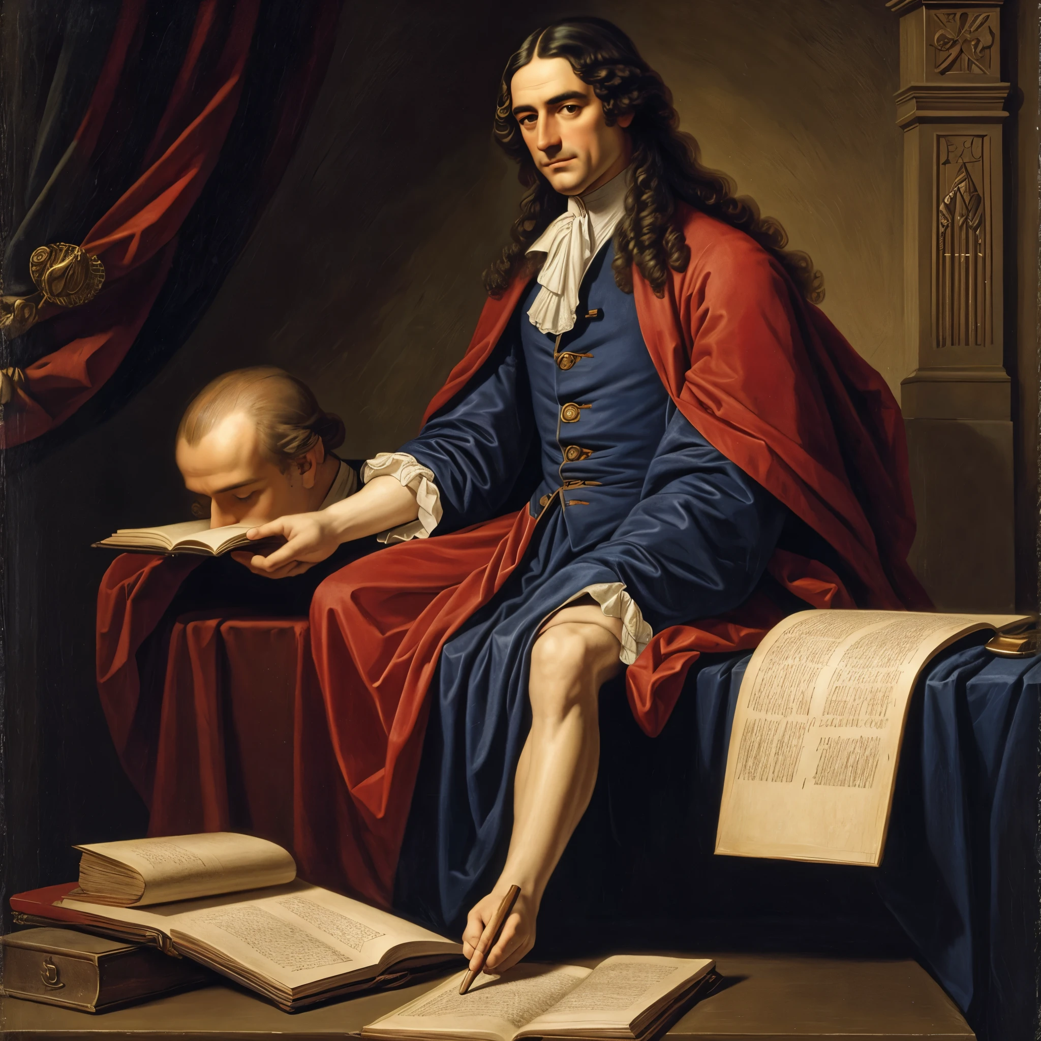 (oil painting) (full body) A victorian naked muscular beautiful men with huge bulging pecs and muscles and a gigantic uncircumcized cock portrays an worried expression as he sits in a chair in his office while reading a strange ominous red book