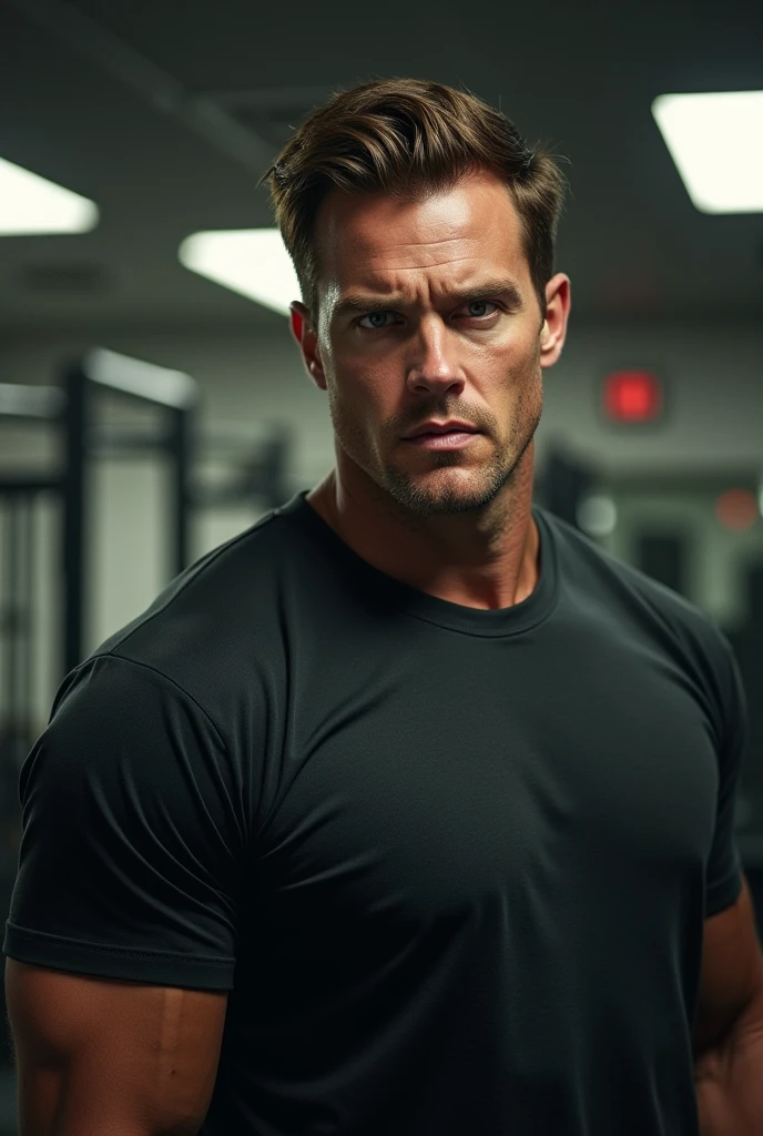(deep focus,highres:1.2),(realistic:1.37) portrait,Dean,,FBI agent,weapon specialist,slightly serious expression,brown hair,green eyes,strong physique,full-body shot,working out,male,professional lighting and bekah