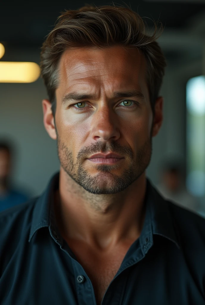 (deep focus,highres:1.2),(realistic:1.37) portrait,Dean,,FBI agent,weapon specialist,slightly serious expression,brown hair,green eyes,strong physique,full-body shot,working out,male,professional lighting and bekah