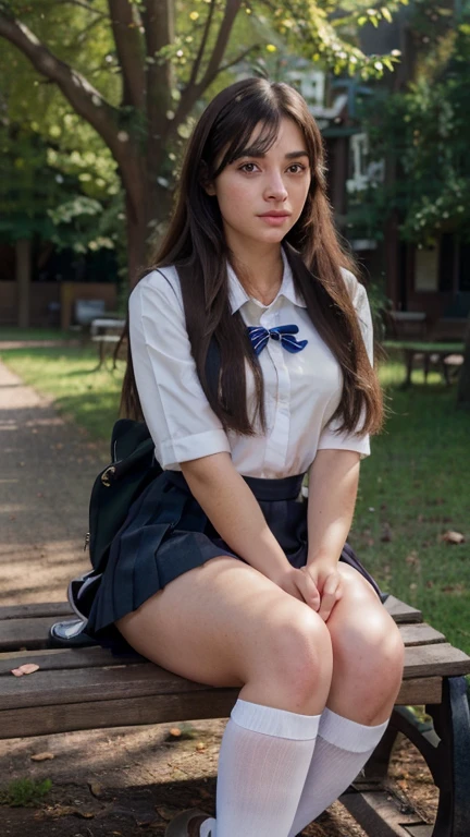 a school girl in uniform, 1girl, beautiful detailed eyes, beautiful detailed lips, extremely detailed face and portrait, long dark hair, school uniform, pleated skirt, knee socks, mary jane shoes, sitting on a bench, outdoor school campus setting, trees, sunlight, warm colors, (best quality,4k,8k,highres,masterpiece:1.2),ultra-detailed,(realistic,photorealistic,photo-realistic:1.37),intricate details,vibrant colors,soft lighting