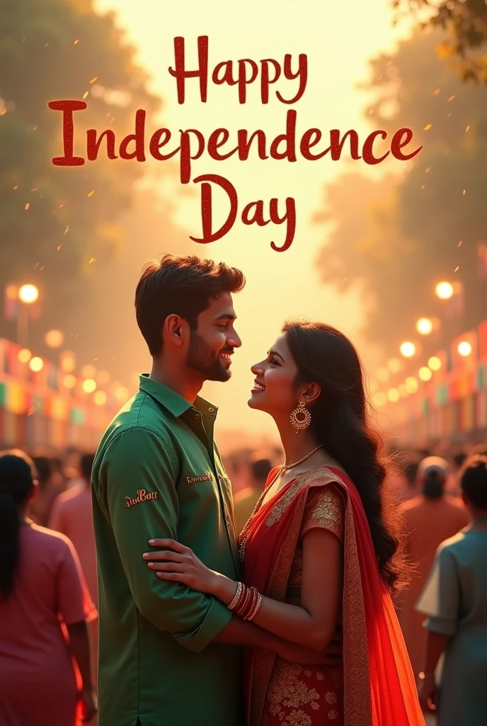 real young couple, Mabud and Sariya stand together, both 20 years old, joyfully celebrate Indian Independence Day. They are wearing indian outfits and Mabud name is written on boy's outfit and Sariya written on girl's outfit. Above them, in the sky, the words "Happy Independence Day" are displayed in a bold font. The backdrop is filled with people celebrating, enhancing the festive and patriotic spirit of the day.make sure text should be correct.
