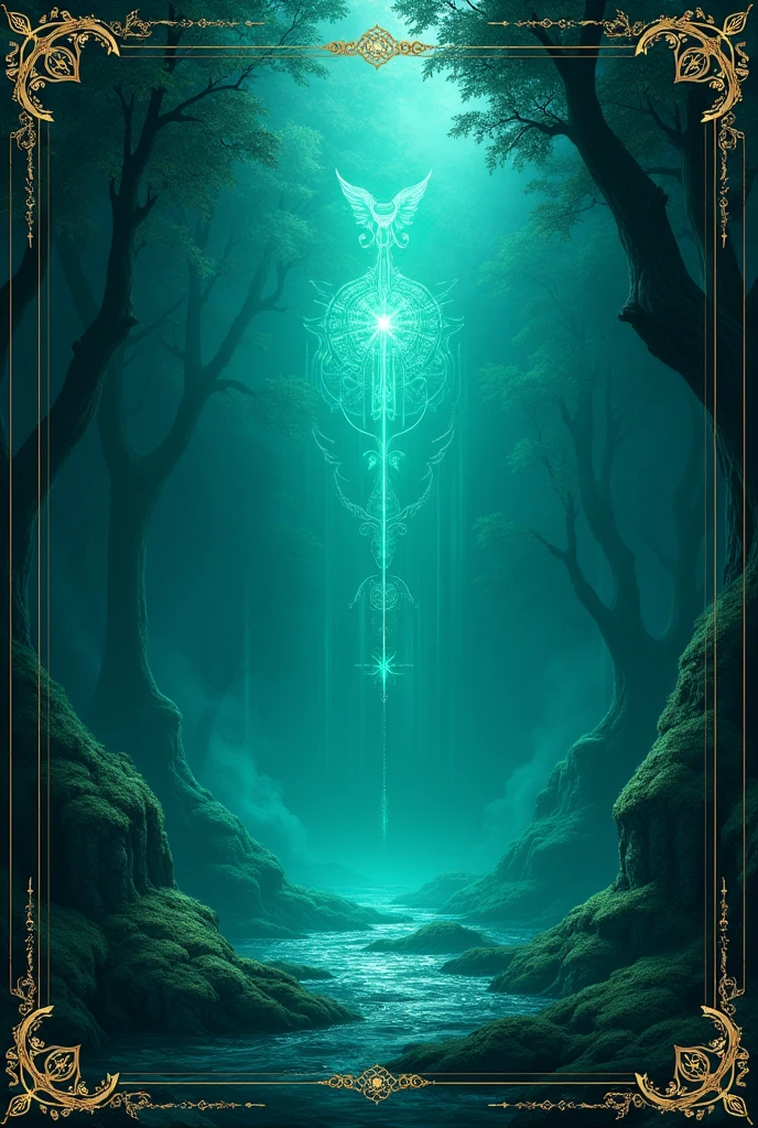 A fantasy background for a book cover in a blue-green color with symbols of power manipulation, with the edge having a gold-colored line at each corner