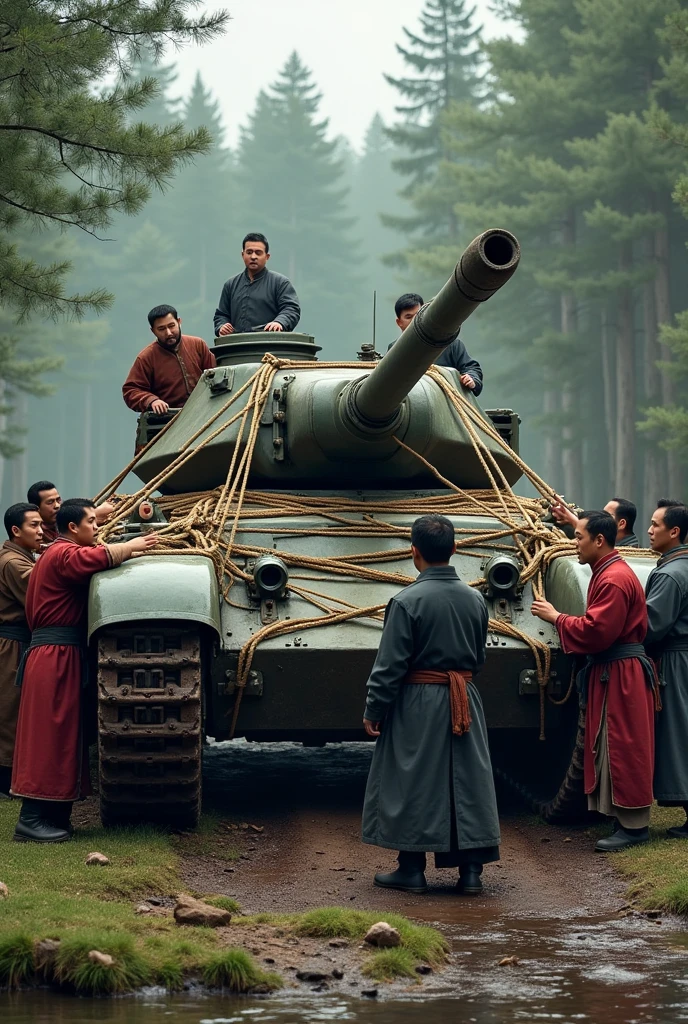 asian looking mongolian guys with no beard  in mongolian clothes binding up fully all over athe soviet tank too much with so many ropes in the woods near the river 