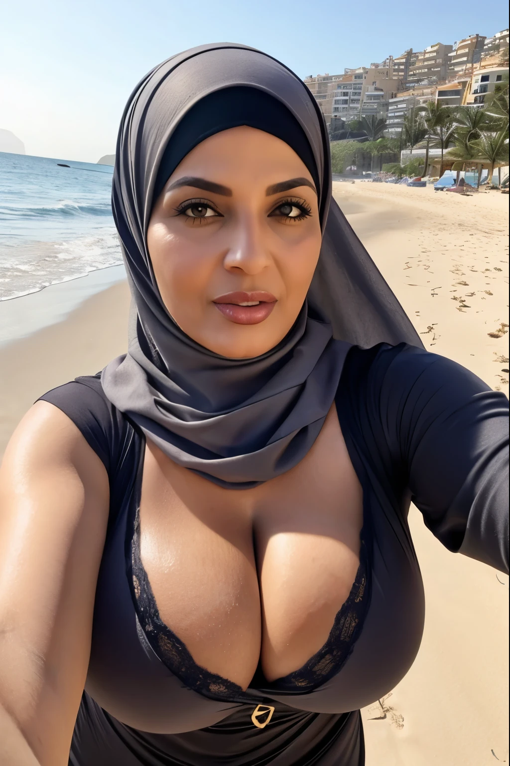 selfie , sexy curvy mature arab woman 50 years old sexy mature, with a grey full hijab, and a huge cleavage, she takes this picture selfie, realistic picture,(((big breasts1.8))),(((huge breasts 1.6)))), in the beach algeria. stick out your tongue