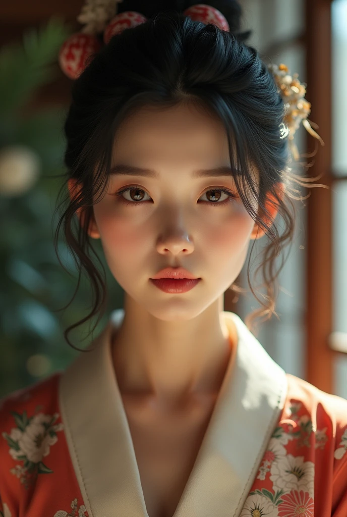 An elegantly dressed Japanese woman in natural light、A close-up of her chest and calm expression.、It shows her inner peace and outer charm.。