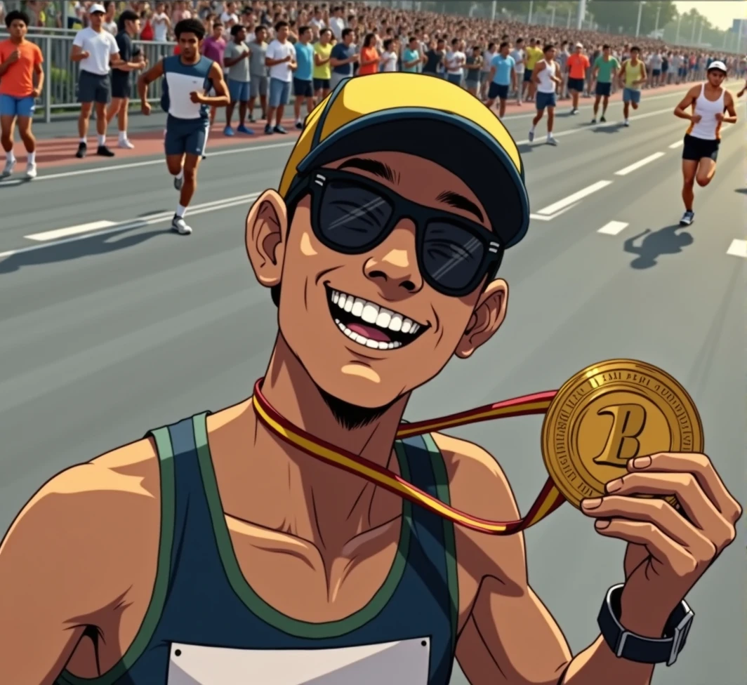 A high-quality photo holding a marathon gold medal, during the daytime, are in mid-stride, with expressions of focus and determination. sunlight dapples the ground, creating dynamic shadows. The scene is lively with spectators cheering from the sidelines, and the overall atmosphere is energetic and celebratory.