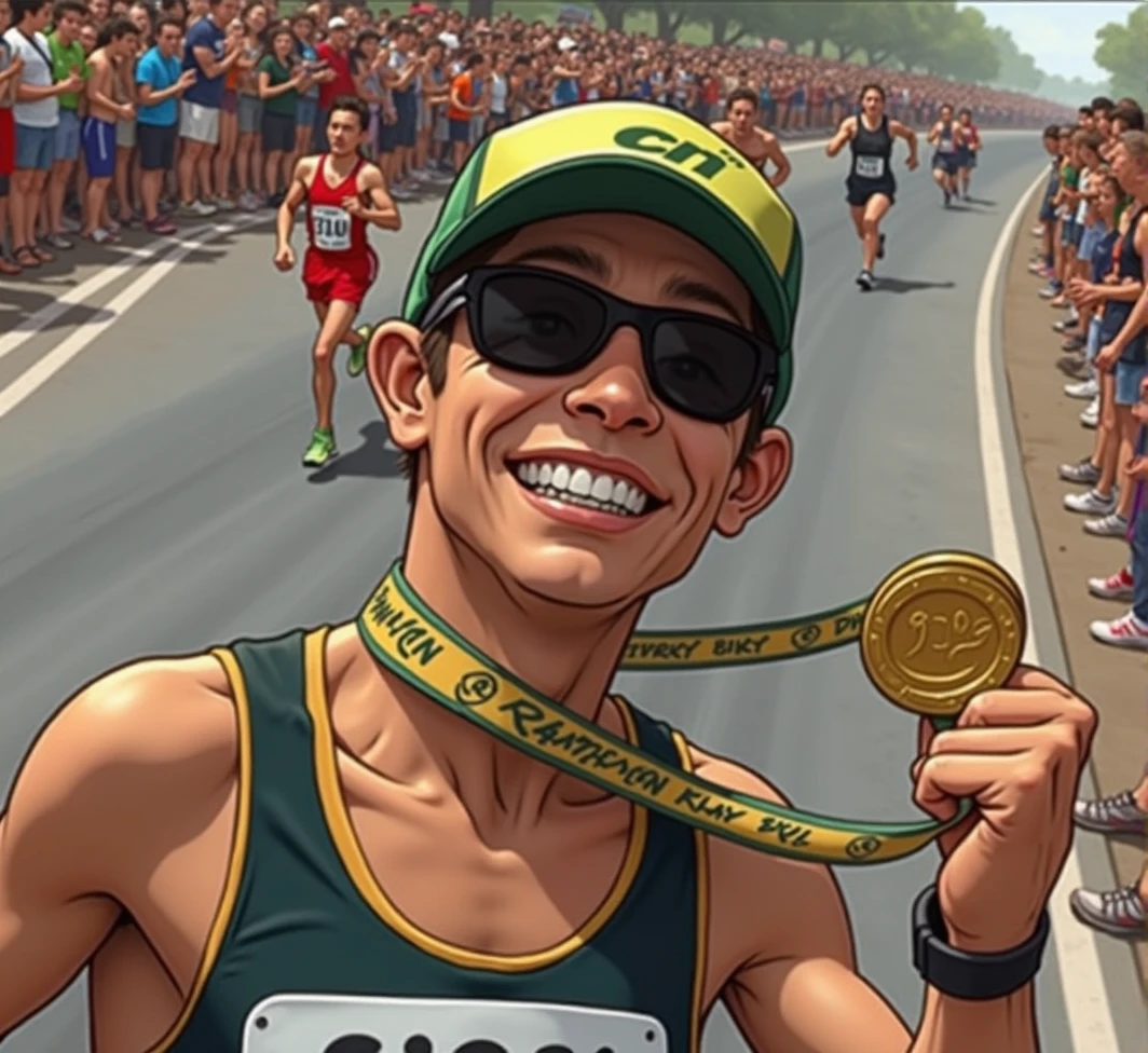 A high-quality photo holding a marathon gold medal, during the daytime, are in mid-stride, with expressions of focus and determination. sunlight dapples the ground, creating dynamic shadows. The scene is lively with spectators cheering from the sidelines, and the overall atmosphere is energetic and celebratory.