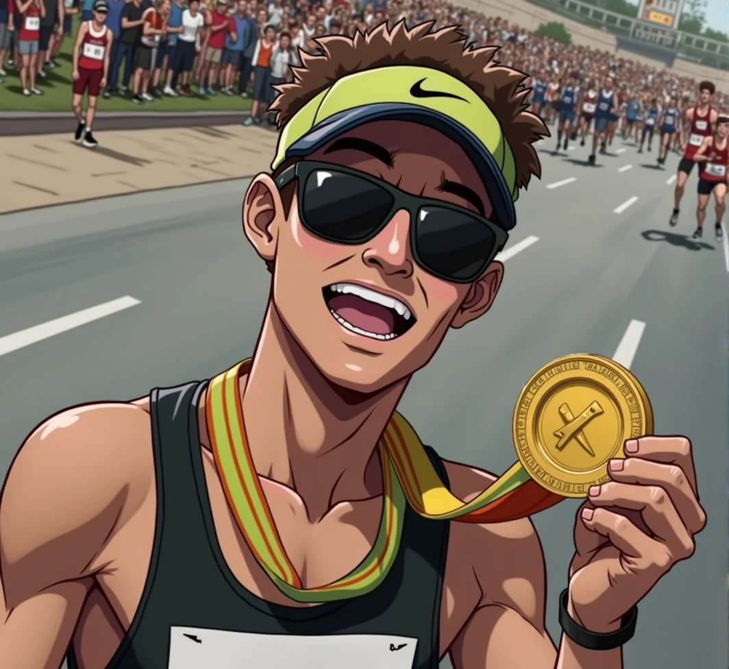 A high-quality photo holding a marathon gold medal, during the daytime, are in mid-stride, with expressions of focus and determination. sunlight dapples the ground, creating dynamic shadows. The scene is lively with spectators cheering from the sidelines, and the overall atmosphere is energetic and celebratory.