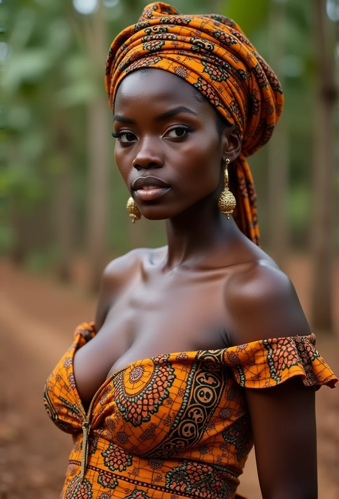 rural Ghanaian woman in traditional dress, sexy cleavage, beautiful, head wrapped in traditional Ghanaian scarf, posing for photo, looking straight at viewer, very big breasts, sexy pose, detailed expression