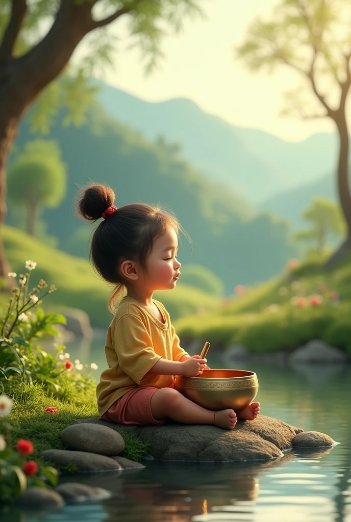 A plays singing bowl in a beautiful environment