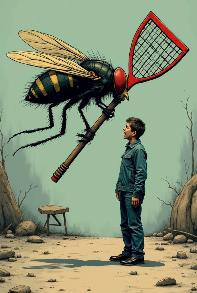 A fly killing a human with a fly swatter in the form of an advertisement