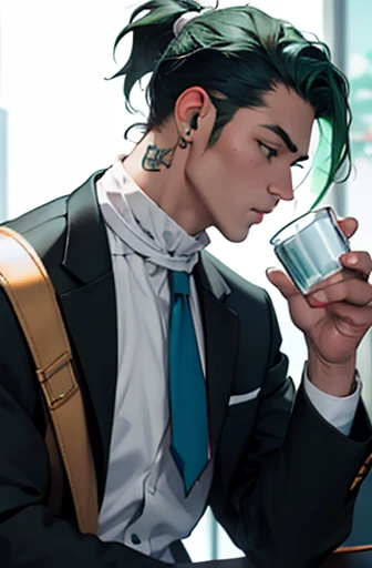 alone、Kiss the cup、White neckerchief around the neck、Man wearing headphones、Black suit、Green Haired Man、ponytail、