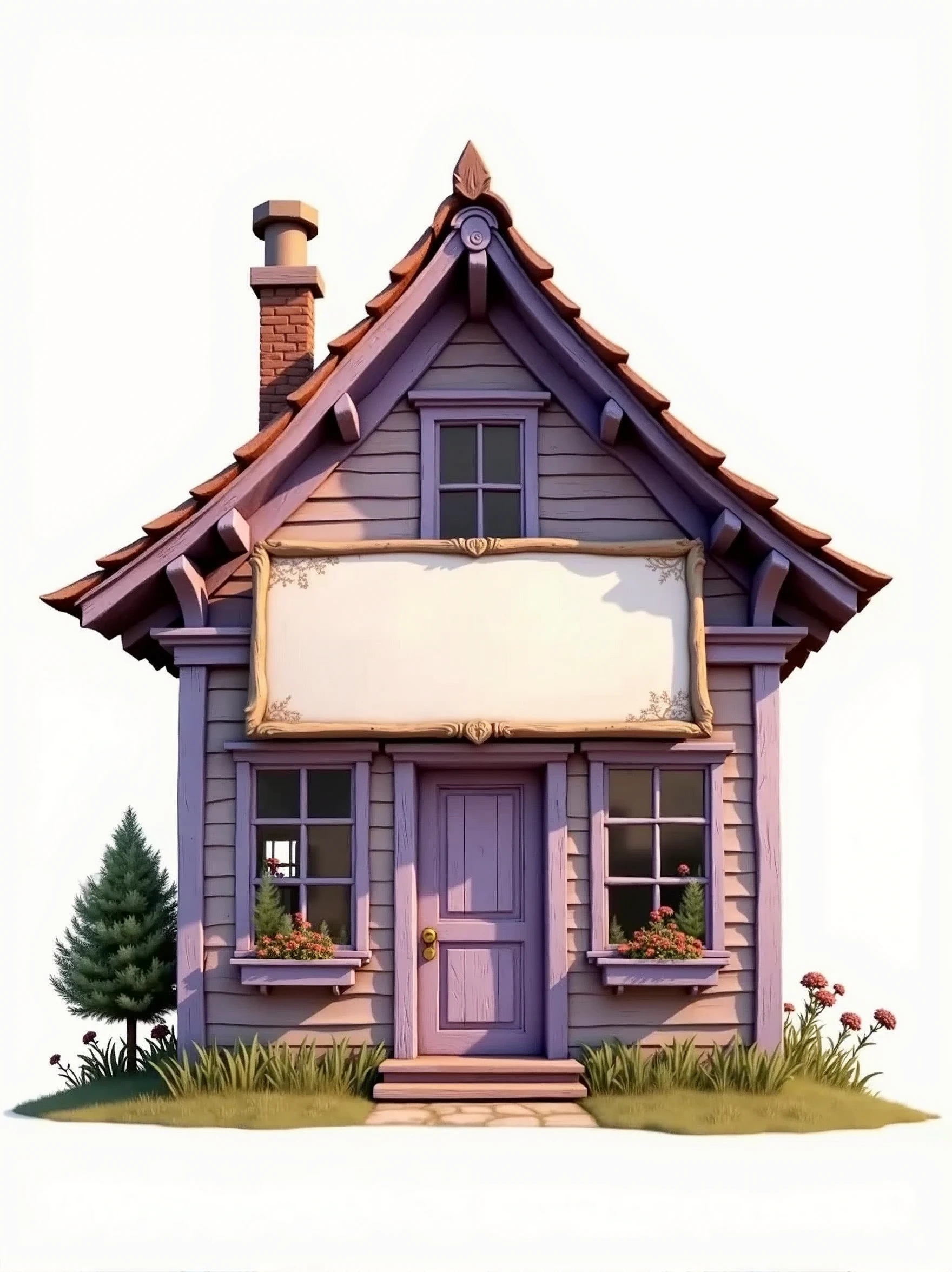 At the center of the image, there is a rustic house with lilac details and a large sign. PNG image. White background.