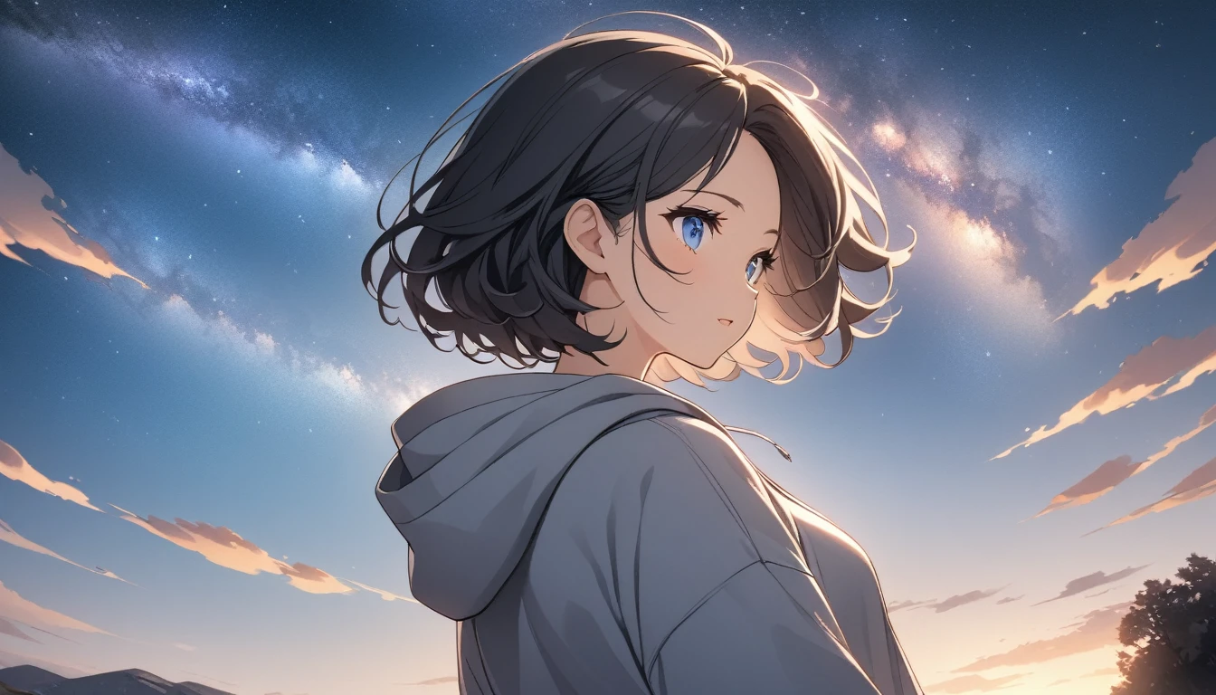 Starry Sky、milky way、One woman、Black Hair、Short Hair、Hair blowing in the wind、Blue Eyes、Wearing a hoodie、Back view、Upper Body、Low - Angle