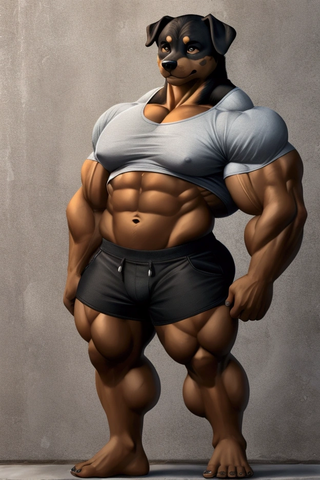 Small female rottweiler with big muscles , huge and gigantic black and brown fur and cute brown eyes and is wearing a short gray shirt and short shorts full body and is 8  is a bodybuilder.