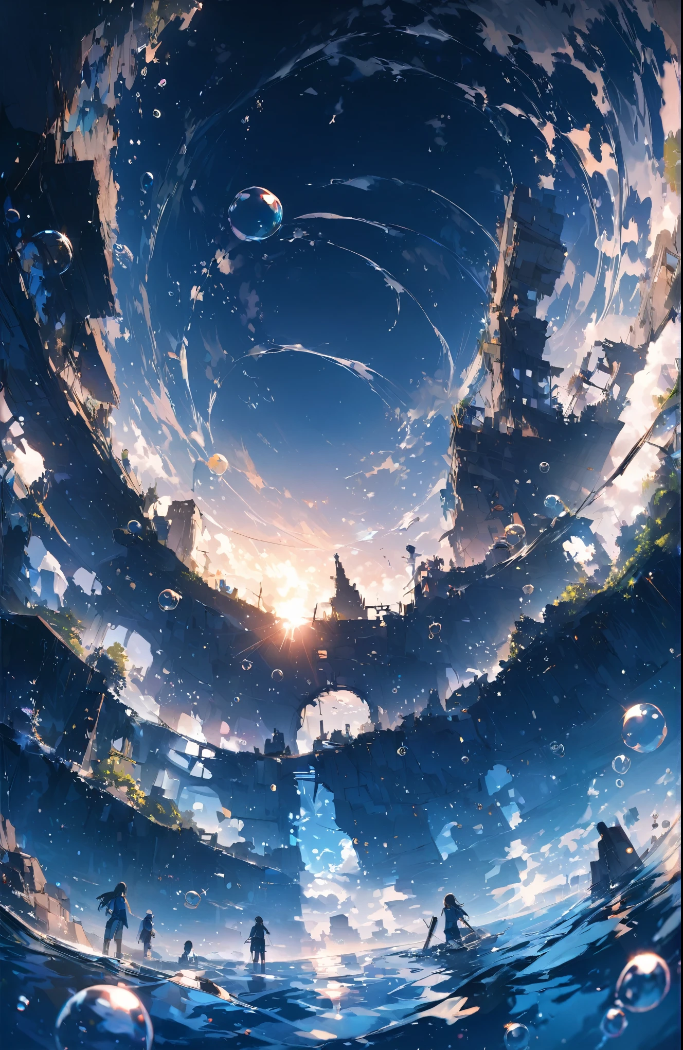 ((Amazingly absurd)),超High resolution, Attention to detail, high quality, High resolution, 最high quality, 4K, 8k、A sunken ruin、In the water、Surrounded by bubbles、A world of deep blue、Overall, a work in deep blue tones