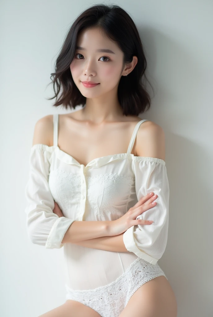 Stylish full body image、渋valleyの交差点の真ん中、A beautiful and alluring woman who follows fashion trends、A gentle and charming Chinese beauty、Japanese、Delicate and sexy collarbone、Attractive oval face、double eyelid、Smart[peach]Flower Eyes、Pink Lips、Small Nose、Expose your shoulders、Focus on the face、[[Face close-up]、Ultra-high resolution、Very detailed、White off-the-shoulder lace shirt、(White lace panties)、Fresh and impressive、nature (big: 1.25)、(Spread your legs)、(Low - Angle)、(Upright 1.5)、(Skin Luster 1.4)、(Low - Angle))、Perfect figure、Areola、valley、Armpit wrinkles、(Bedwetting))、(Browsing Caution: 1.05)、(Showpiece、Highest quality、High precision))、1 person、(bigきく、Realistic: 1.4)、(Slightly above the camera、カメラをlook up、look up、カメラをlook upる、Looking into the camera)))、alone、White Background、shut up.、smile、Beautiful black hair、short hair、bigきな目、はっきりとしたdouble eyelid、eyelash、Ear sweep、Long neck、Long neck、Absolute area、((Face close-up、bangsありshort hair))、19 years old、Attractive proportions、Glowing Skin、Beautiful clavicle、Golden ratio face、Perfect Face、bangs、綺麗なbangs、綺麗なbangs、Lip gloss、Thin lips、White skin、Take off、big breasts、Small face、カメラを少しlook up、bigきな胸、Navel exposed、Ultra mini skirt