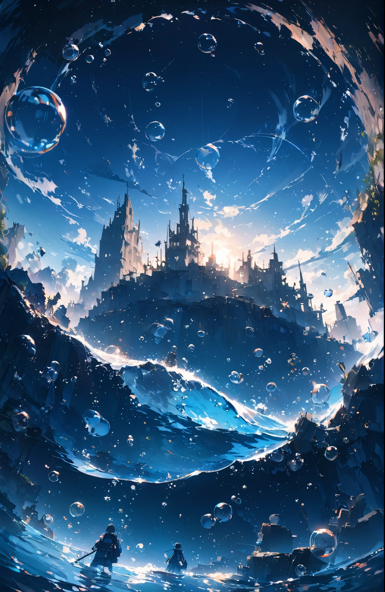 ((Amazingly absurd)),超High resolution, Attention to detail, high quality, High resolution, 最high quality, 4K, 8k、A sunken ruin、In the water、Surrounded by bubbles、A world of deep blue、Overall, a work in deep blue tones