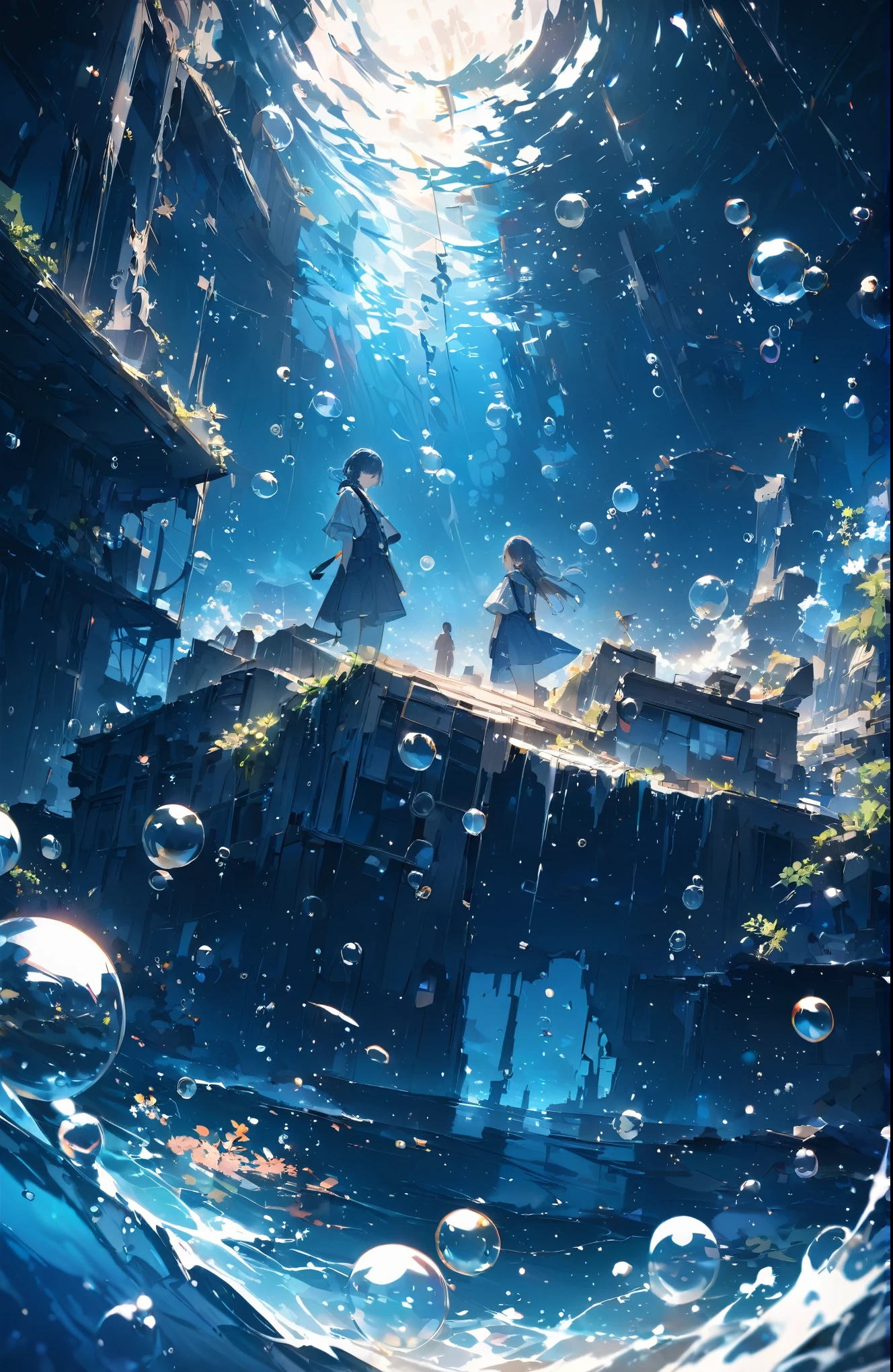 ((Amazingly absurd)),超High resolution, Attention to detail, high quality, High resolution, 最high quality, 4K, 8k、A sunken ruin、In the water、Surrounded by bubbles、A world of deep blue、Overall, a work in deep blue tones