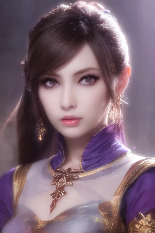 1 beautiful girl in Han costume, thin purple silk shirt with white color with many textures, white lace top, long platinum purple ponytail, Hair Jewelry, ear jewelry, necklace and necklace, meticulously drawn large purple eyes, meticulous makeup, Thin eyebrows, High Nose, lovely red lips, not smiling, pursed lips, rosy cheeks, wide breasts, Big breasts , well-proportioned bust, Slim waist, purple mesh socks, chinese hanfu style, fictitious art textures, vivid and realistic colors, RAW Photos, Realistic Photos, ultra high quality 8k surreal photos, (effective fantasy light effect: 1.8), 10x pixel, magical effect (Background): 1.8), ultradetailed eyes, girl body portrait, ancient hanfu background,
