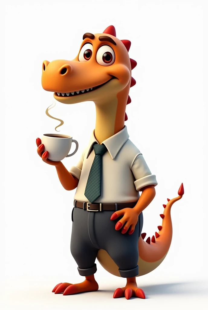 Animated dinosaur wearing office clothes drinking coffee on a white background