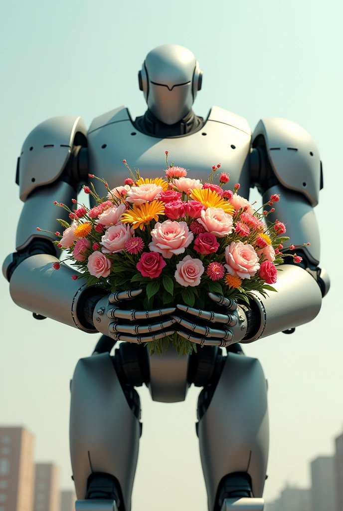 Big robot hugging beautiful bunch of flowers
Turn straight  only Robot face