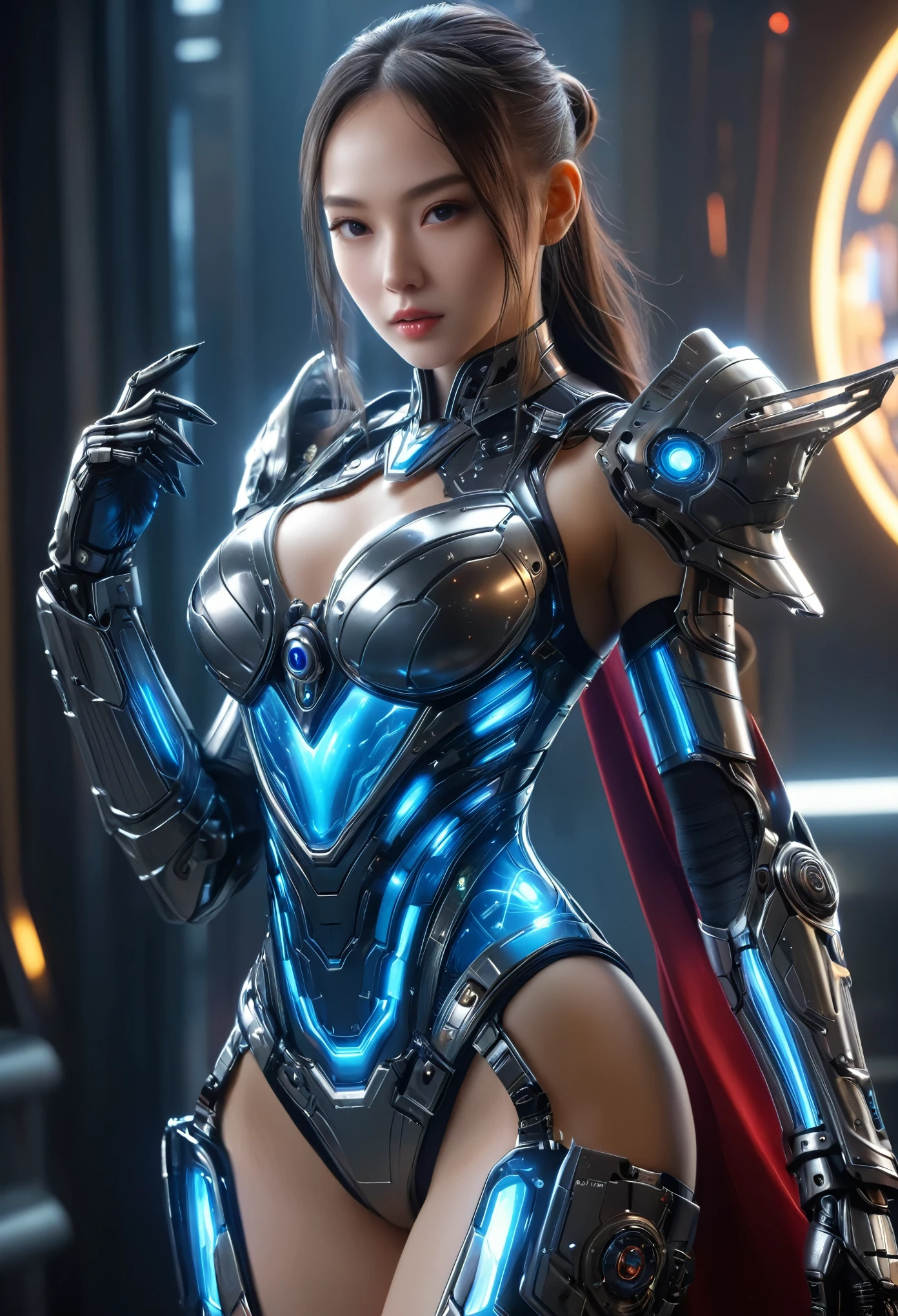 (Best Quality, 4K, 8K, High Resolution, Masterpiece: 1.2), (Super Detailed, Realistic, Photorealistic:1.37), A woman in futuristic clothing, (erotic and sexy:1.4), Trending on cgstation, Trending on cgstation, (Portrait of a girl in the Knights of the Zodiac:1.4), (blunt bangs:1.7), Cute Cyborg Girl, Perfect android girl, Portrait Astronaut Girl, Beautiful girl cyborg, Girl wearing black pale blue iridescent mechanical cyber armor, Game CG, cgsociety and fenghua zhong, Beautiful Cyborg Shrine Maiden, Bioluminescence, (Gal Gadot:0.6), Anatomically correct grip, Anatomically correct four fingers and one thumb, (long claws:1.4), erotic and sexy, A gorgeous cape with beautifully detailed embroidery, energy ball