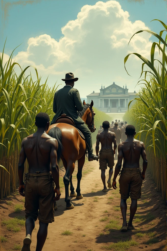 Make a sugar cane field with blacks with their master on a horse watching over them
