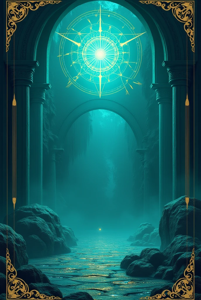 A fantasy background for a book cover in a blue-green color with symbols of power manipulation, 3D, with the edge having a gold-colored line at each corner