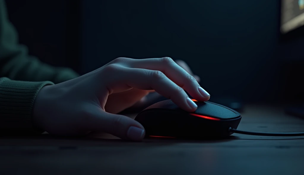 Close-up of a hand operating a mouse,Pale white light,Dark Room,Anime Style,High resolution,