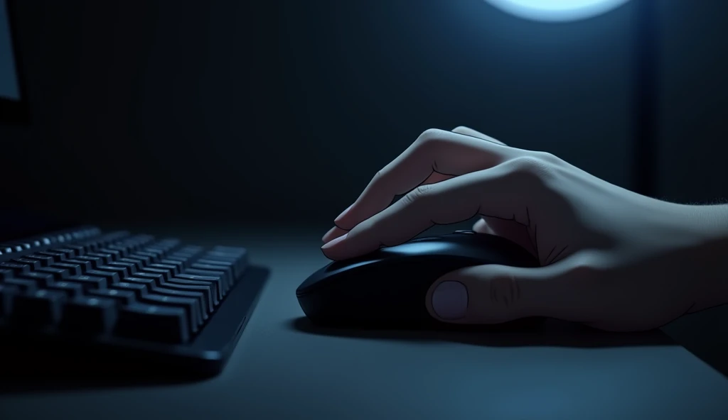 Close-up of a hand operating a mouse,Pale white light,Dark Room,Anime Style,High resolution,