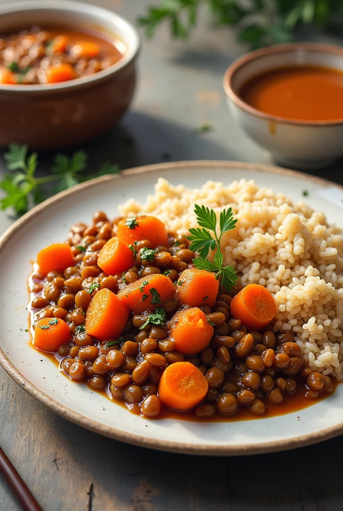 drawing of a lentil stew with carrots and a plate of brown rice